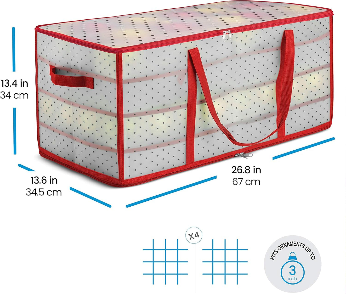 ZOBER Christmas Ornament Storage Box - Store 128 Ornaments with 2-Sided Zipper - Red (Pack of 2)