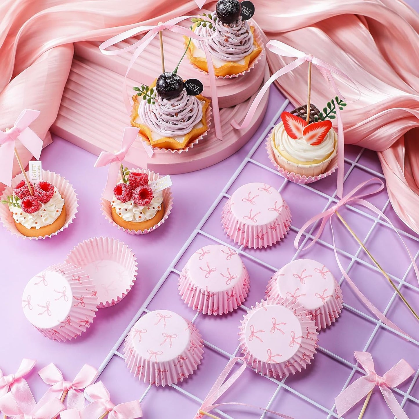Regine Switzerland Pink Bow Cupcake Liners Set - 50 Cupcake Liners & 31 Bowknot Ribbons | Perfect for Parties & Celebrations