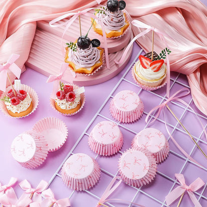 Regine Switzerland Pink Bow Cupcake Liners Set - 50 Cupcake Liners & 31 Bowknot Ribbons | Perfect for Parties & Celebrations