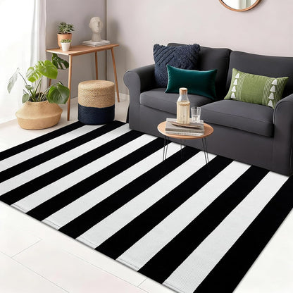 OLANLY Striped Rug - Washable Black and White Cotton Doormat | 3' x 5' for Indoor & Outdoor Use