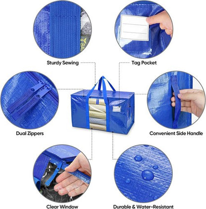 BALEINE Oversized Moving Bags - Heavy-Duty Storage Totes with Reinforced Handles | Blue w/Window, 2-Pack