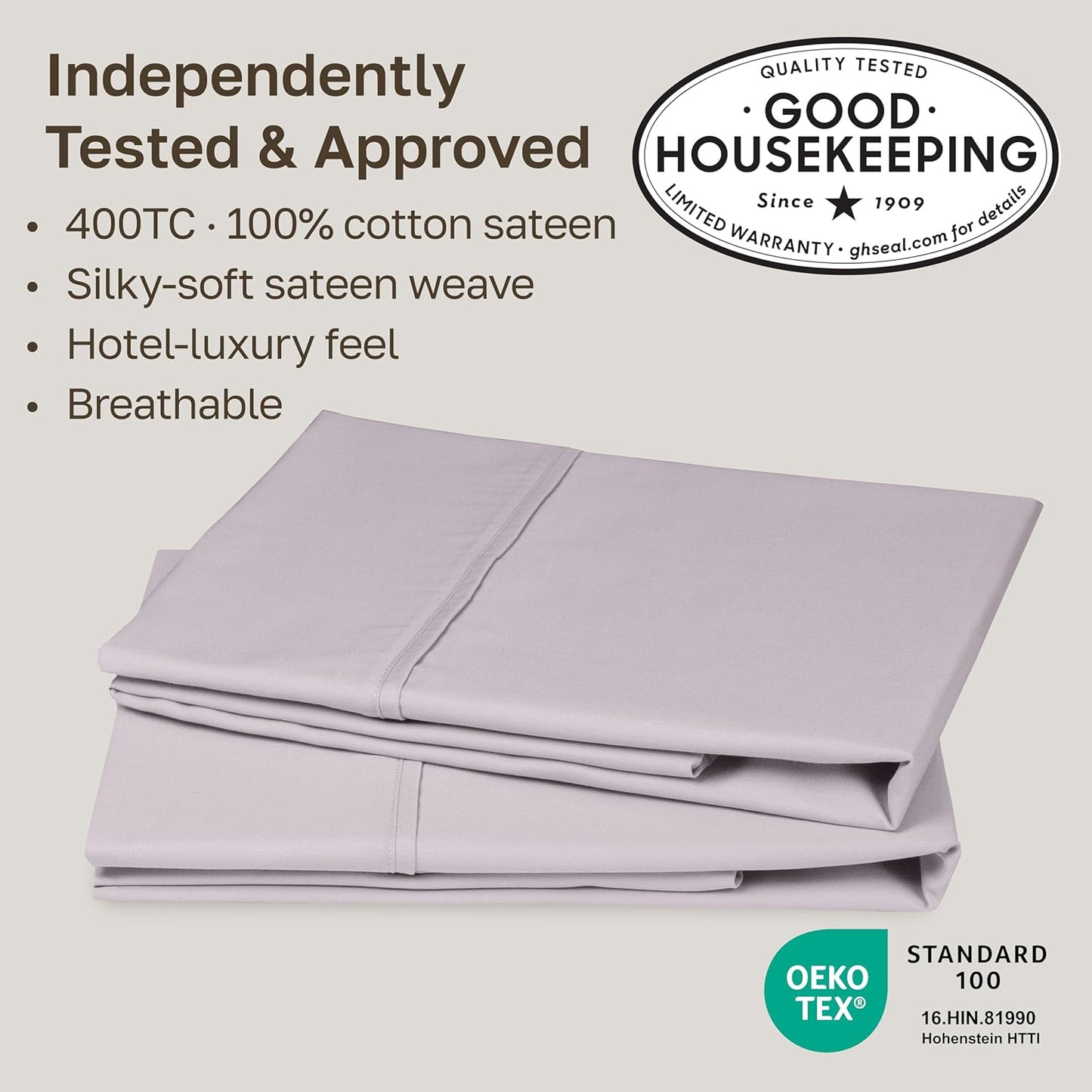 California Design Den Pillowcase Set | 400 Thread Count 100% Cotton Sateen | Soft & Breathable | Queen Size - Dusky Lavender Grey