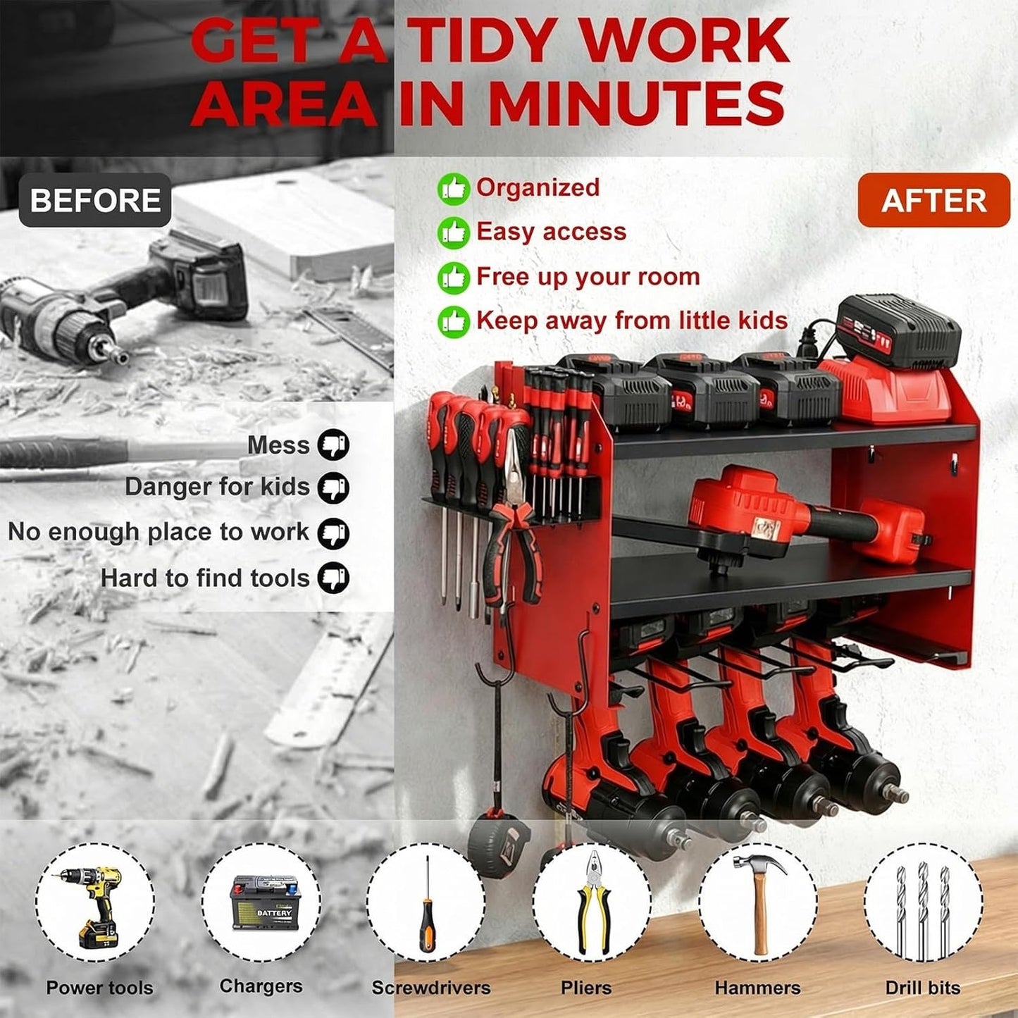 Power Tool Organizer - Heavy Duty Wall Mount with Charging Station & 4 Drill Holders | Red