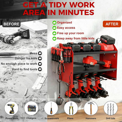 Power Tool Organizer - Heavy Duty Wall Mount with Charging Station & 4 Drill Holders | Red