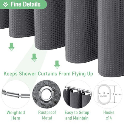 Dynamene Extra Wide Shower Curtain - 84 Inch Wide Waffle Weave Weighted Thick Cloth Bathroom Shower Curtain, Neutral Heavy Duty Hotel Bath Curtain Set with 14 Plastic Hooks, 84x72, Charcoal Grey