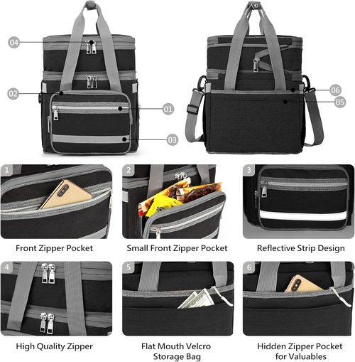 EXLIFBAG Insulated Lunch Box - Double Deck Leakproof Cooler for Adults | Adjustable Shoulder Strap, Black