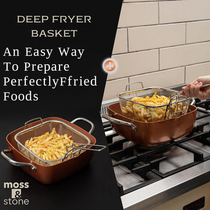 Moss & Stone Copper Chef Cookware Set - 5-Piece Non-Stick Deep Frying Pan & Accessories | 5 Qt, Dishwasher Safe