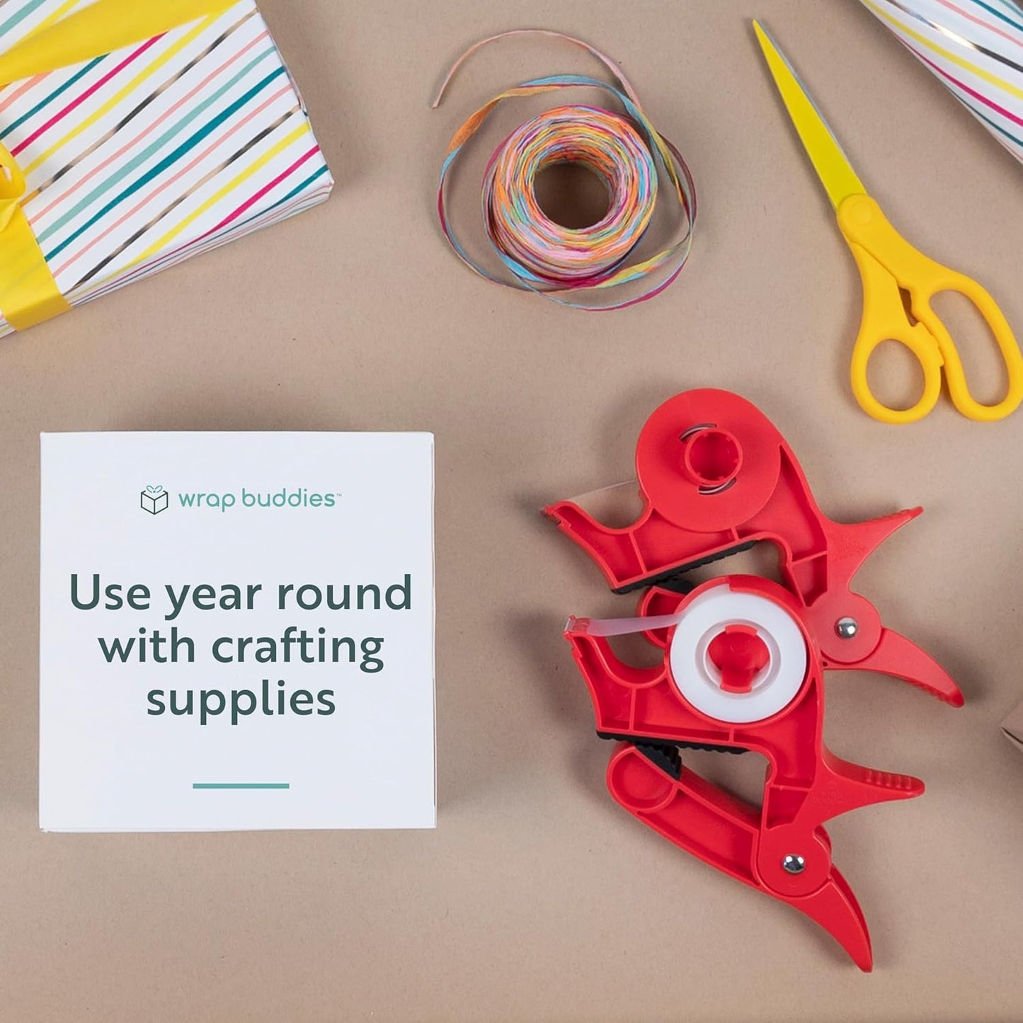 Wrap Buddies Gift Wrapping Tool Set - Adjustable Table Clamps & Tape Dispenser - One-Handed Cutter in Cherry Red