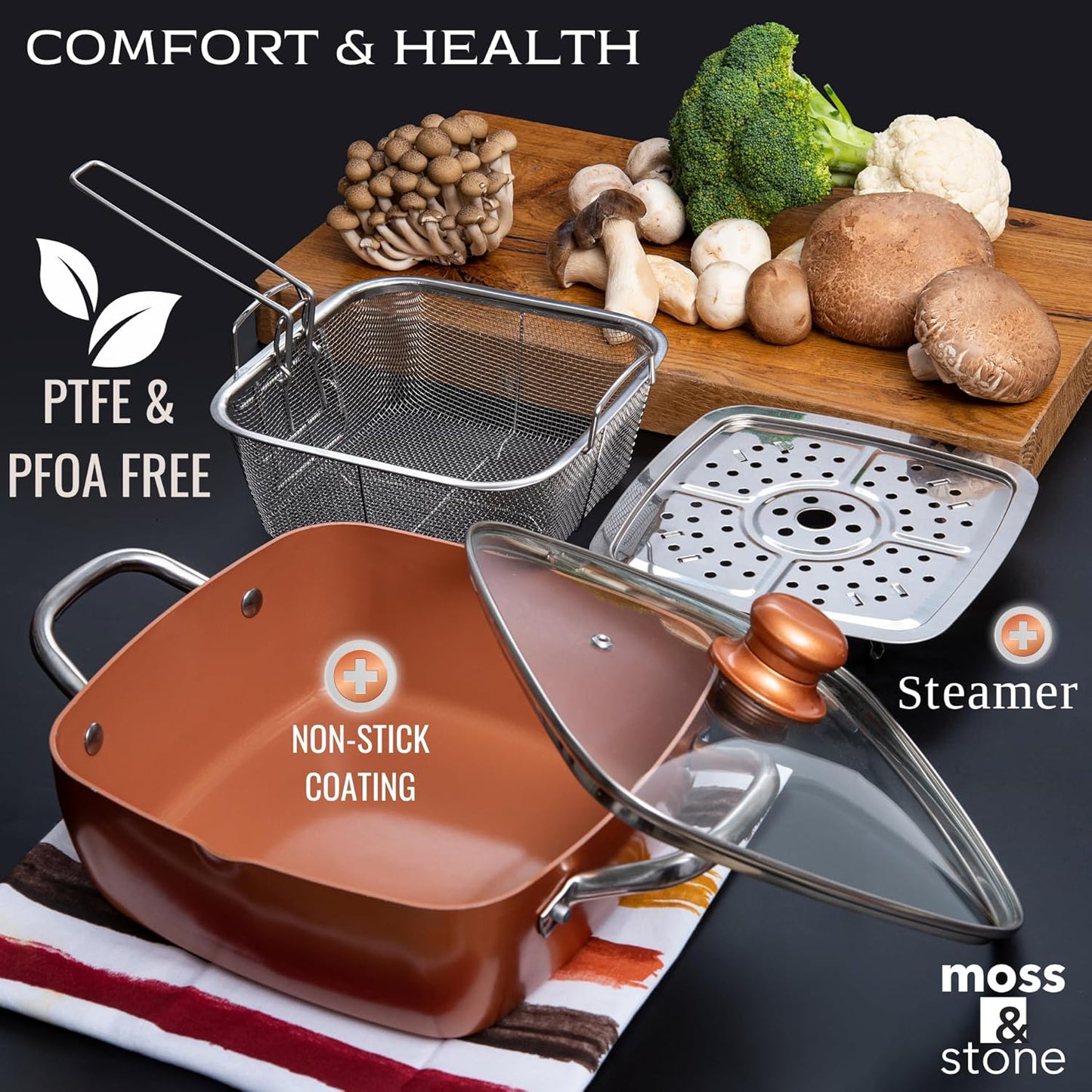 Moss & Stone Copper Chef Cookware Set - 5-Piece Non-Stick Deep Frying Pan & Accessories | 5 Qt, Dishwasher Safe