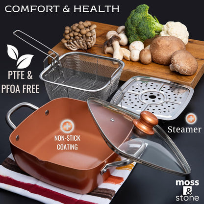 Moss & Stone Copper Chef Cookware Set - 5-Piece Non-Stick Deep Frying Pan & Accessories | 5 Qt, Dishwasher Safe