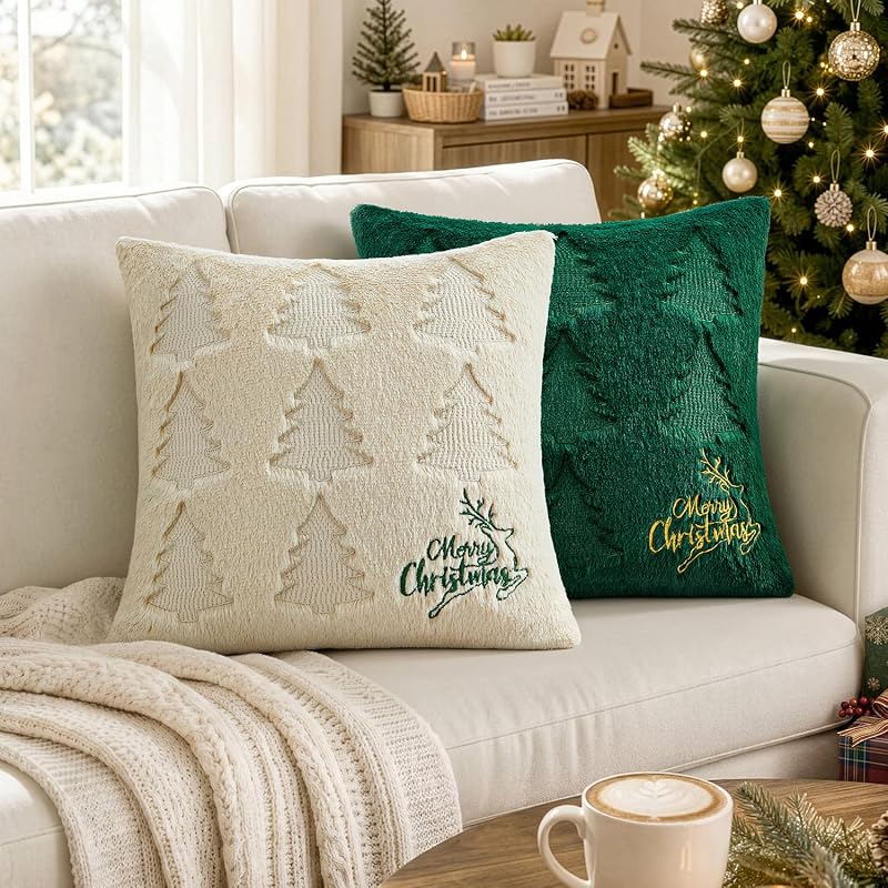 MIULEE 20x20 Inch Christmas Pillow Covers Set of 2 — Beige & Green with Tree & Reindeer Pattern (Variation: Beige and Green+20" x 20" (Pack of 2))
