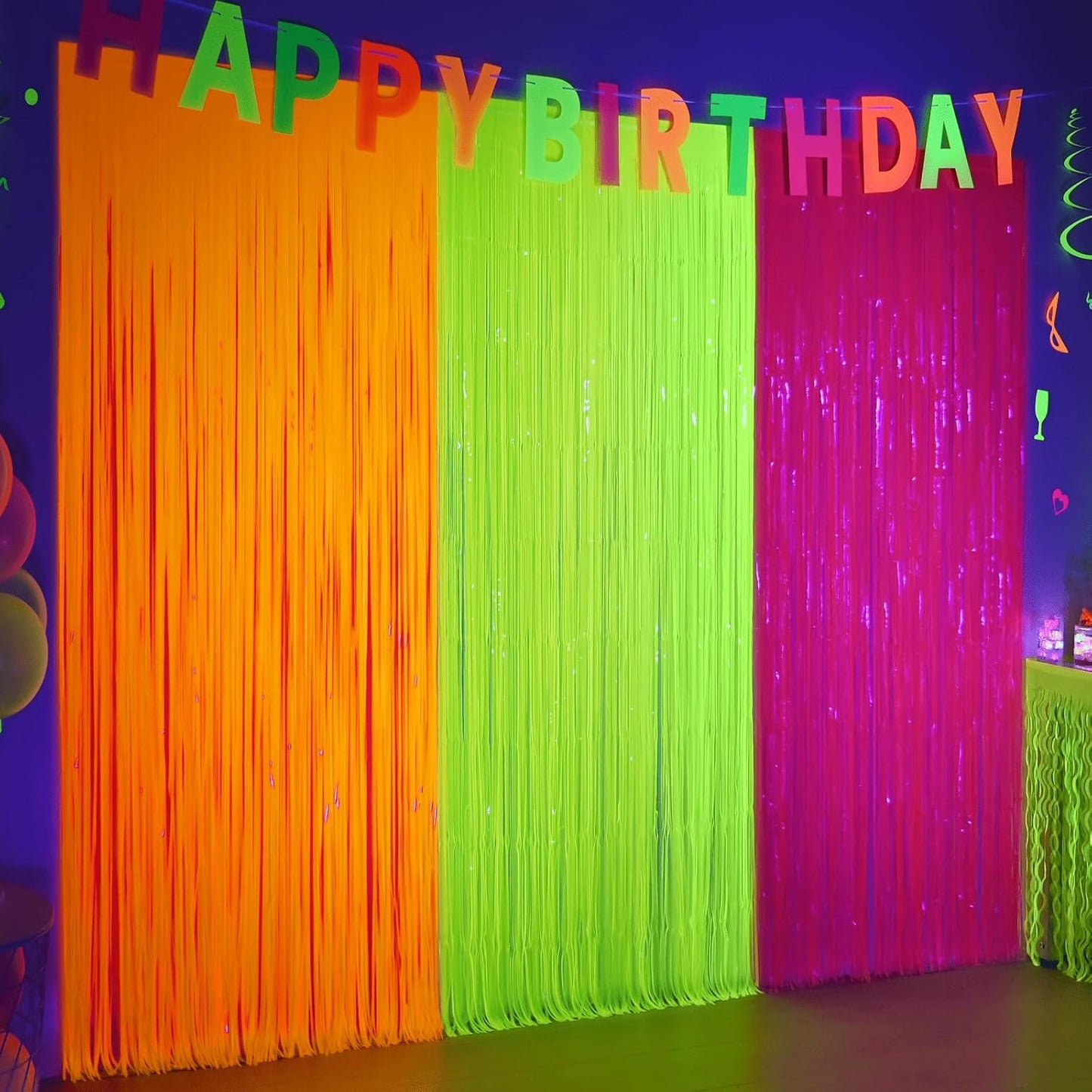 Mega-L Glow In The Dark Party Supplies - 3 Pack Neon Tinsel Foil Fringe Curtains | 9.9 x 6.6 ft Backdrop for Birthday & New Year's Eve Celebrations