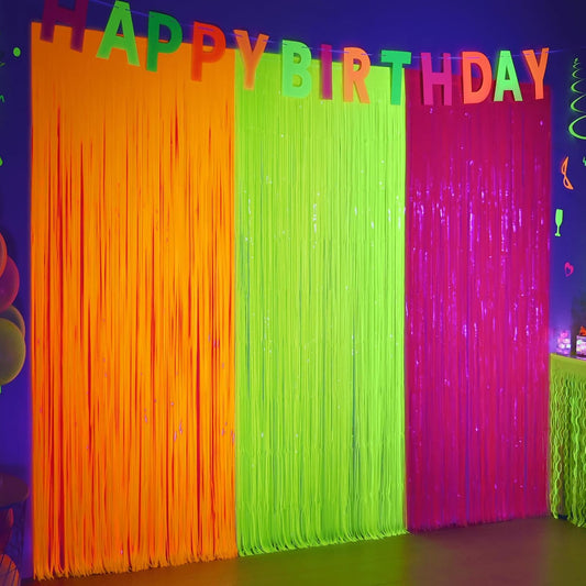 Mega-L Glow In The Dark Party Supplies - 3 Pack Neon Tinsel Foil Fringe Curtains | 9.9 x 6.6 ft Backdrop for Birthday & New Year's Eve Celebrations
