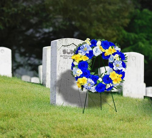 Grave Decoration Cemetery Wreath - 30 Inch Headstone Floral Arrangement with Blue Roses, Tulips & Daffodils