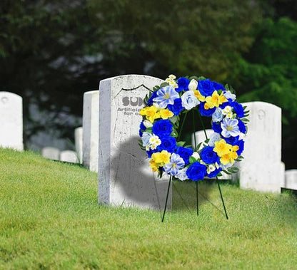 Grave Decoration Cemetery Wreath - 30 Inch Headstone Floral Arrangement with Blue Roses, Tulips & Daffodils