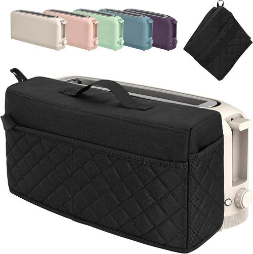 Bella Cute Slim Toaster Dust Cover - Quilted Black with Pockets & Elastic Band for 2-Slice Toaster