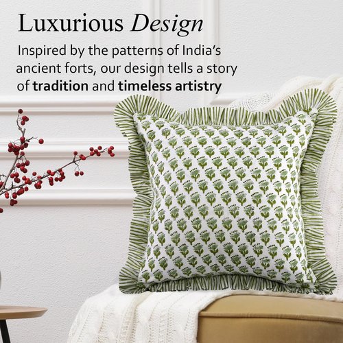 CPC Block Print Ruffle Throw Covers - Emerald Green 20"x20" | 100% Cotton Decorative Pillows for Living Room & Bedroom