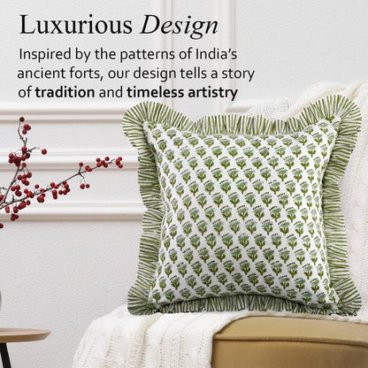 CPC Block Print Ruffle Throw Covers - Emerald Green 20"x20" | 100% Cotton Decorative Pillows for Living Room & Bedroom