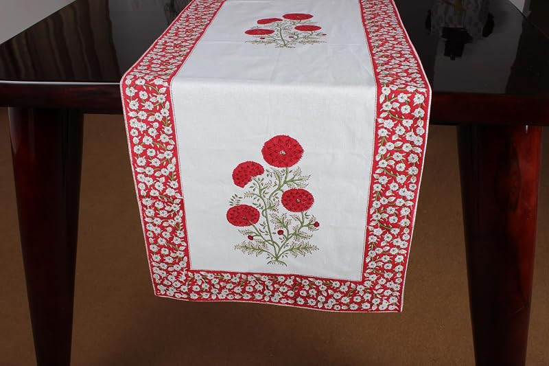 Red and Green Buta Hand Block Print 100% Cotton Table Runner 16x90 Inches - Ridhi