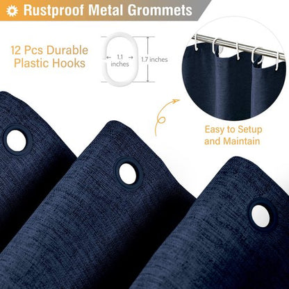BTTN Navy Blue Shower Curtain - Linen Textured Heavy Duty Waterproof Cloth Shower Curtain Set with 12 Plastic Hooks, Hotel Spa Luxury Simple Decorative Thick Fabric Shower Curtain for Bathroom, 72x72