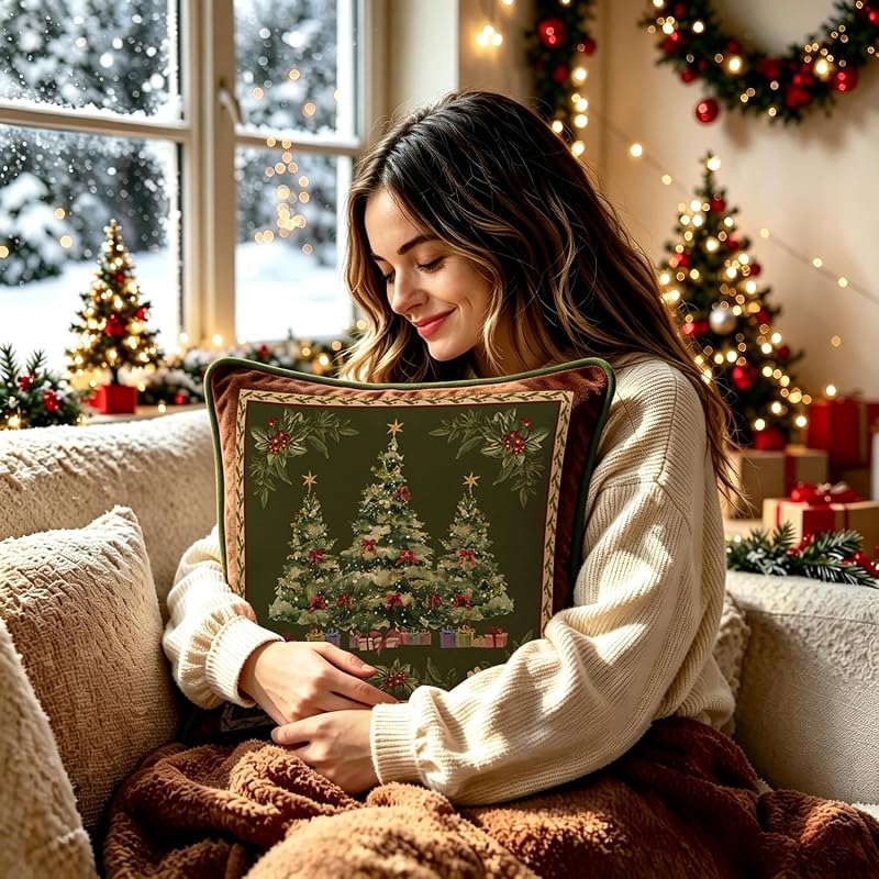 Green Christmas Tree Pillow Cover 20x20 — Velvet Throw Pillow Case, Hidden Zipper, 100% Plush Polyester, Floral Variation