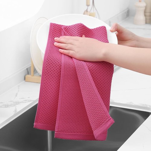 Homaxy 100% Cotton Waffle Weave Dish Towels - Ultra Soft & Absorbent | 13 x 28 Inches, 4-Pack, Hot Pink