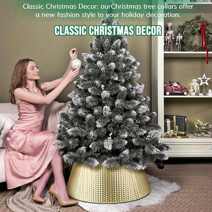 Champagne Gold Metal Christmas Tree Collar, 28 Inch - 5-Panel Interlocking Ring Skirt
