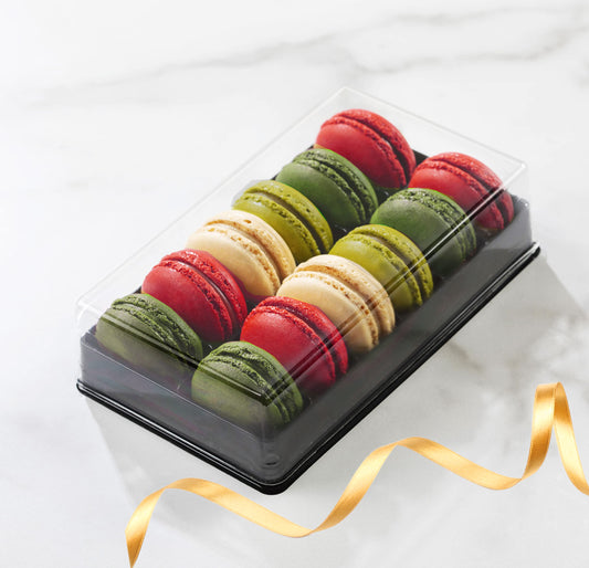 Pastry Chef's Boutique Clear and Black Base Plastic French Macarons Small Gift Boxes - Holds 12 Macarons - Cavity Size 1.76'' x 1'' - Pack of 10