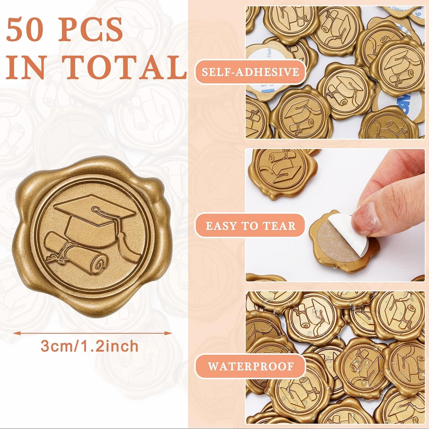 Whaline Graduation Wax Seal Stickers - 50 Pcs Gold 3D Self-Adhesive Caps for DIY Invitations & Gifts