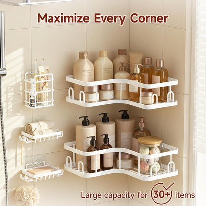 Veken Corner Shower Caddy - Rustproof Adhesive Shelves with Soap Holder | Large Capacity Bathroom Organizer, White