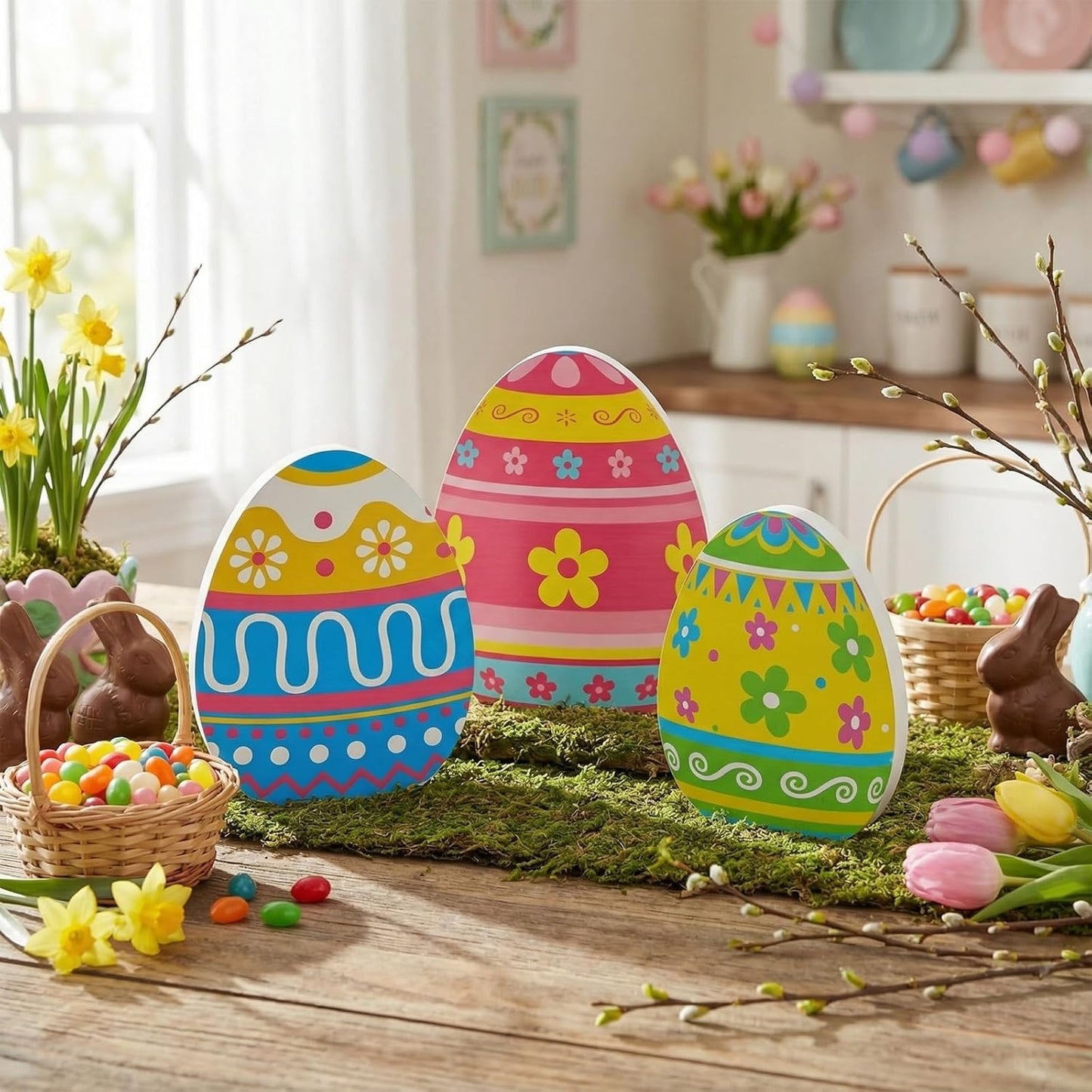 Threan Easter Egg Table Decorations - 3 Pcs Wooden Centerpiece Signs for Spring Home & Party Decor