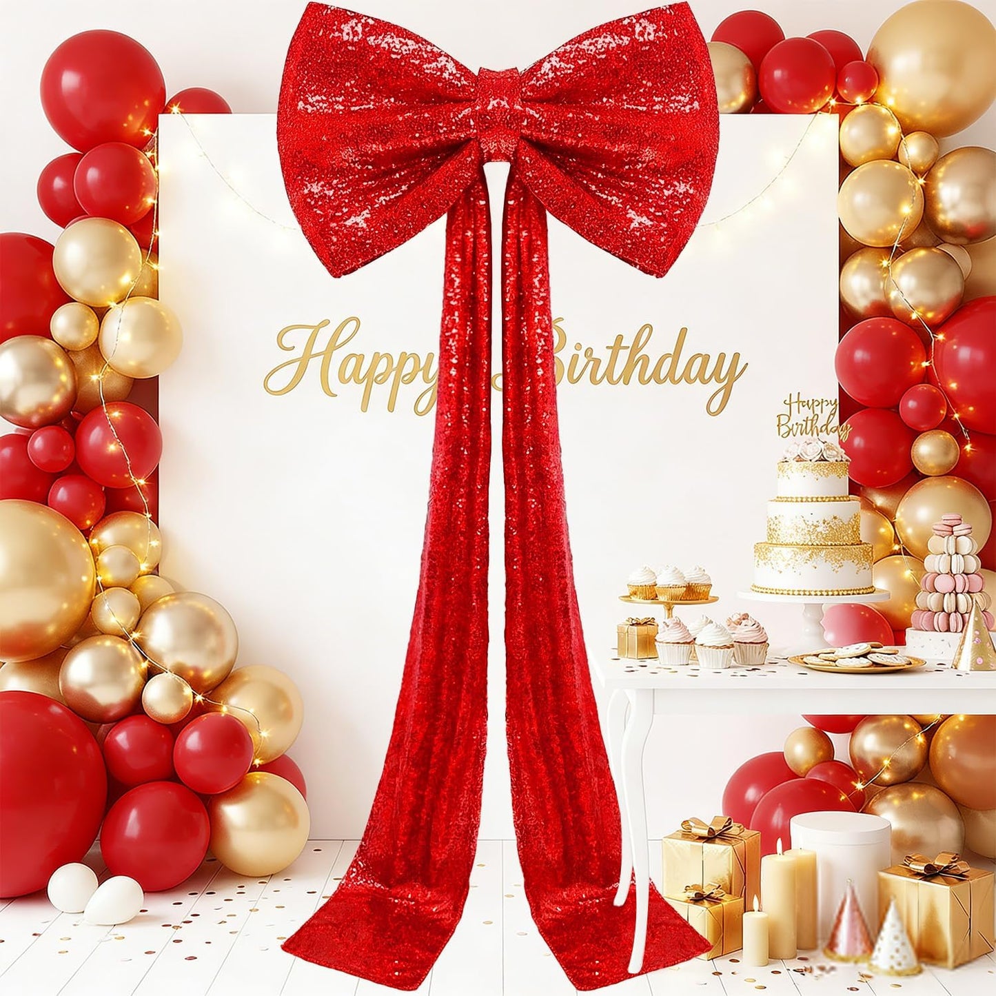 Skiennix Sequin Giant Bow - Oversized Red Decoration with Long Ribbon | 75 x 23 Inch for Weddings & Parties