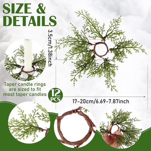 Canlierr Christmas Pine Taper Candle Rings - 12 Pack Mini Wreaths for Holiday Table Centerpieces | 1.38 Inch