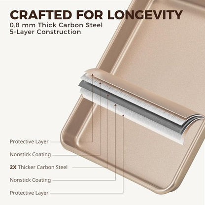 HONGBAKE Non-Stick Toaster Oven Pans - 2 Pack 11 x 9 Inch Heavy-Duty Baking Sheets | Easy to Clean, Gold