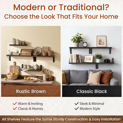 BAYKA Floating Wall Shelves - Rustic Wood Storage for Bathroom, Living Room & Kids' Rooms | Set of 4