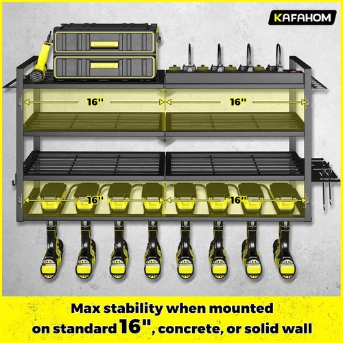 KAFAHOM Power Tool Organizer - Wall-Mounted Charging Station with 8 Drill Holder & Power Strip