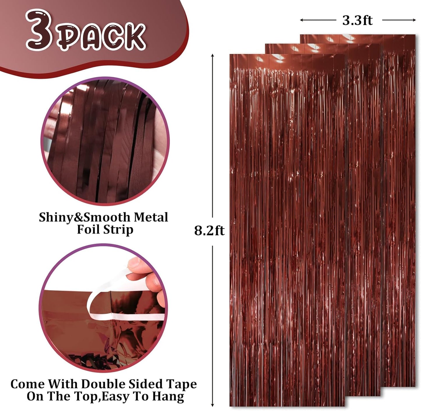 Voircoloria Brown Foil Fringe Backdrop Curtains - 3 Pack Tinsel Streamers for Parties | 3.3 x 8.2 ft