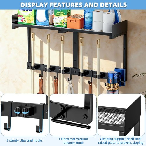 HUFAND Broom Holder Wall Mount - Heavy Duty Mop Organizer with Top Shelf & Vacuum Hook | 27" Black Utility Rack for Laundry, Garage, Kitchen, Garden
