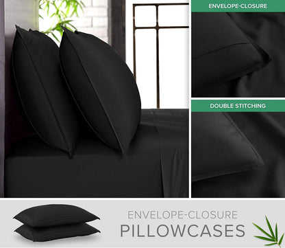 Pure Bamboo Twin Sheets - Luxuriously Soft & Cooling 100% Organic Viscose Bed Set | Black, Double Stitching