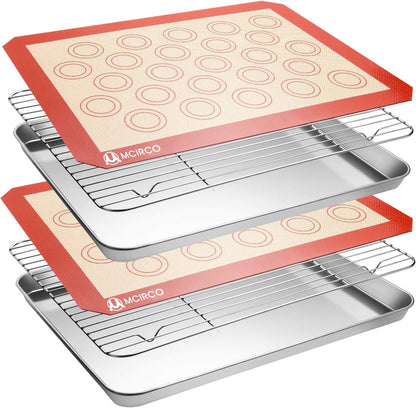 Stainless Steel Baking Sheet Set - Cookie Pan with Cooling Rack & Silicone Mats | 16 x 12 Inch, Easy Clean
