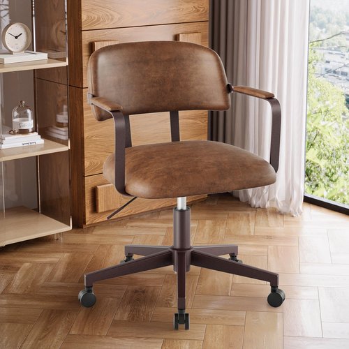 BERYTH Home Office Desk Chair, Mid-Century Modern Desk Chair with Padded Arms, Adjustable Seat Height, Mid Back 360° Small Computer Chair with Mobile Mute Wheel, PU Leather (Brown)