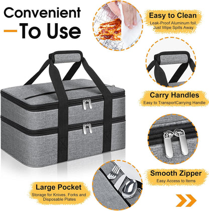 Skiennix Double Insulated Casserole Carrier - Portable Hot & Cold Food Tote Bag | Fits 9" x 13" Dish - Grey