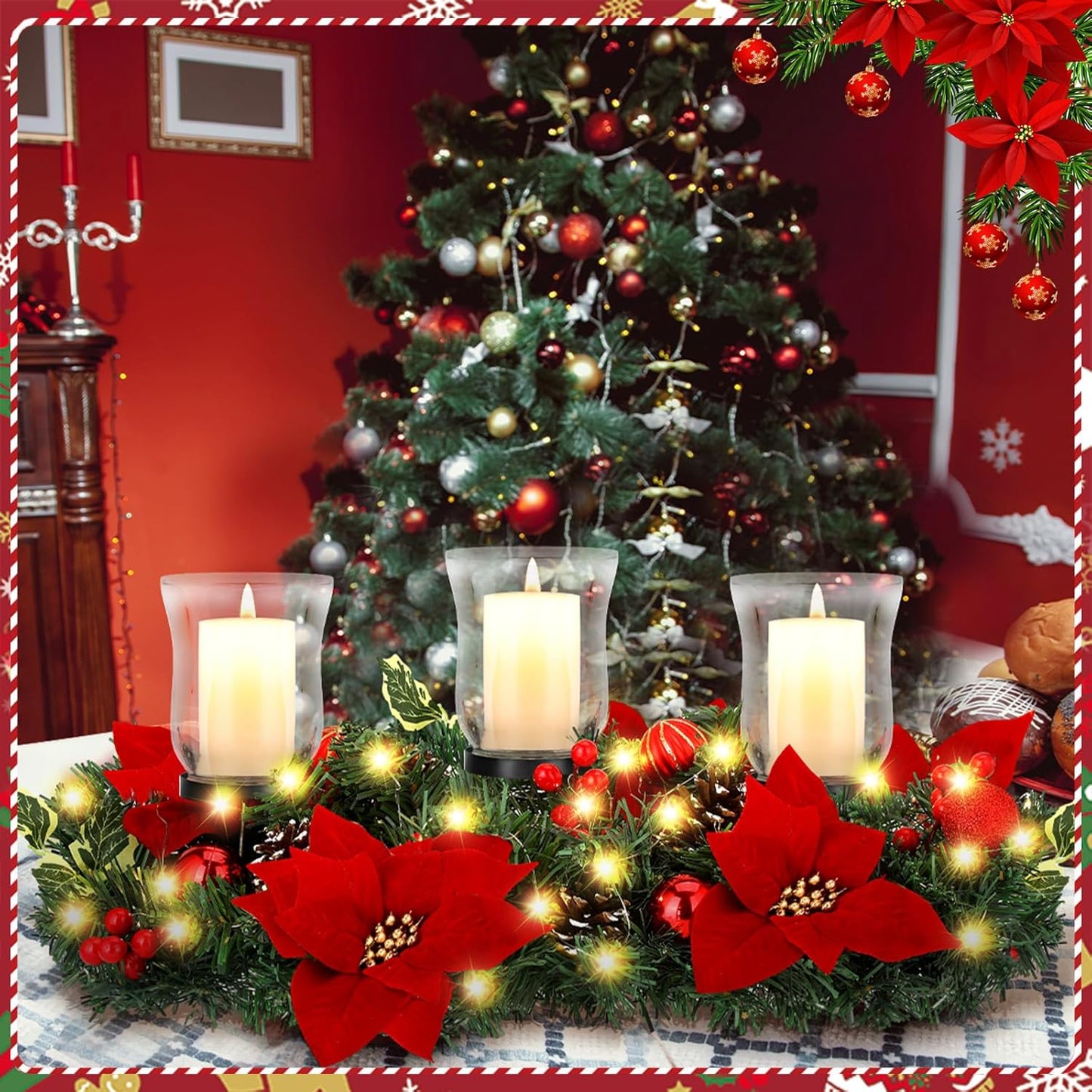 Sliner Christmas Candle Holder - Romantic Poinsettia Glass Centerpiece for Holiday Table Decor