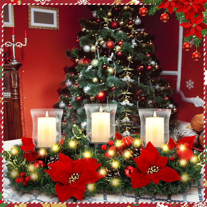 Sliner Christmas Candle Holder - Romantic Poinsettia Glass Centerpiece for Holiday Table Decor
