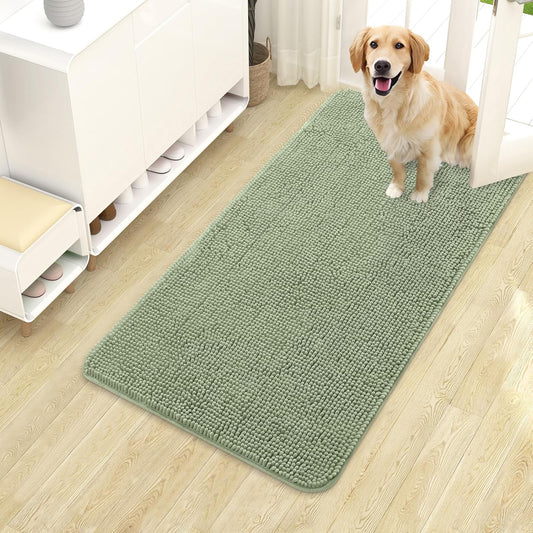 OLANLY Dog Door Mat - Absorbent Non-Slip Chenille for Muddy Paws | 40x24 Sage Green Quick Dry Doormat