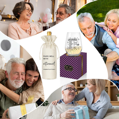 Retirement Gifts for Women Men, Funny Retirement Wine Glass and Wine Bag Set, Best Retired Gifts for Friends Cowkers Doctors Nurses Teachers Boss-PAIRS WELL WITH RETIREMENT