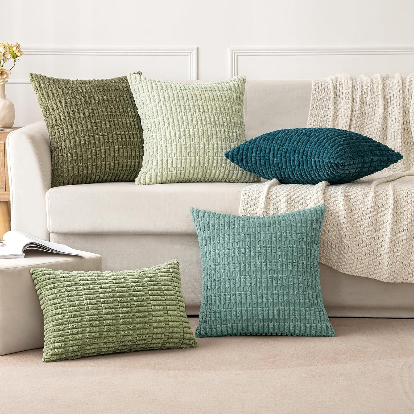 MIULEE Corduroy Throw Pillow Covers - Soft Boho Striped Design, 20x20 Inch, Teal Green for Modern Farmhouse Decor