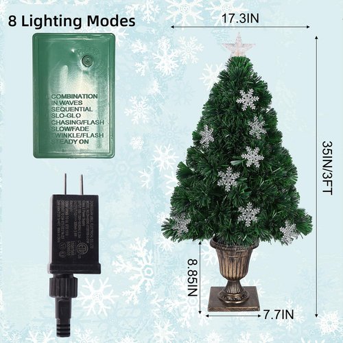 Juegoal Pre-Lit Artificial Christmas Trees - 3 FT Lighted Green Fiber Optic Entrance Trees | 8 Lighting Modes, Gold Urn Base