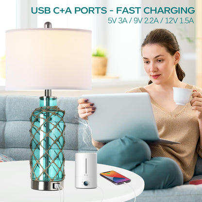 Cottage Nautical Accent Table Lamp Set of 2, Touch Coastal Blue Green Glass Rope Net Bedside Lamp with USB C+A Fast Charging Ports, 3-Way Dimmable Nightstand Lamps White Shade for Living Room Bedroom