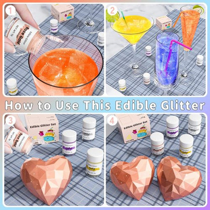 Cherrysea Edible Glitter Food Coloring - 4 Color Shimmer Powder Set for Cocktails & Beverages | Vegan & Gluten-Free - 3g/Bottle